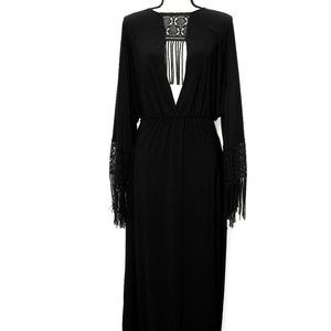ICONOCLASP black crochet fringe batwing maxi dress w/ ruched waist & plunge neck